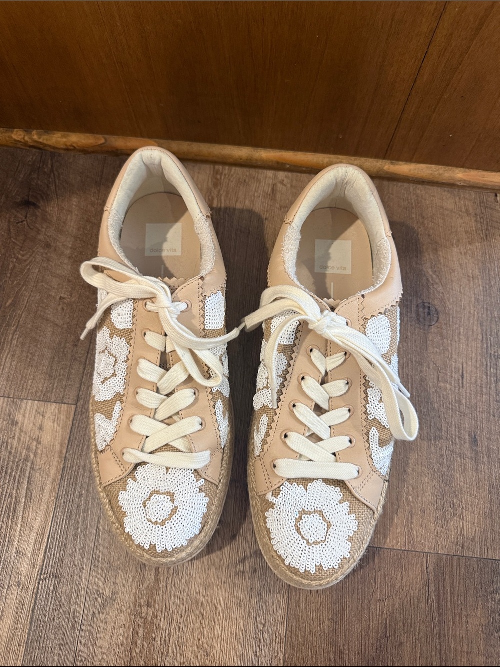Dolce Vita Beige Sequin Floral Lace-Up Sneakers
